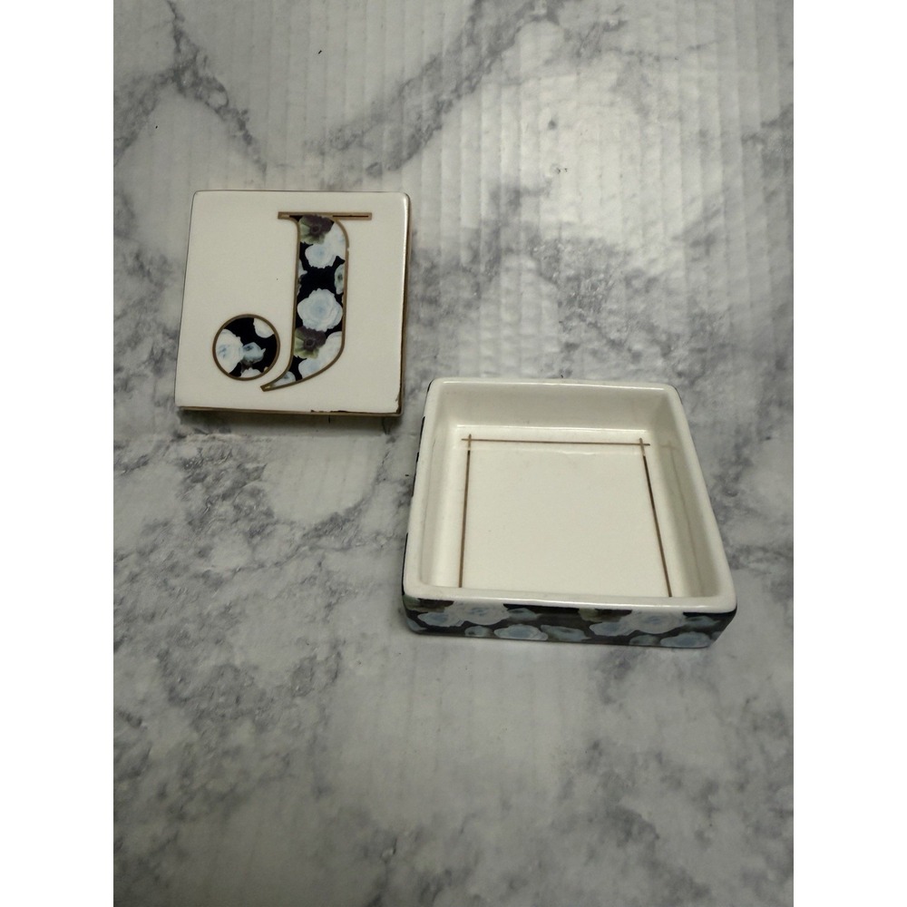 Anthropologie Monogram "J" Initial Trinket Box Lidded Ceramic White Blue Gold